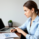 A professional young adult woman in modest business casual attire, seated at a modern desk in a well-lit home office, holding a rental contract and looking at it thoughtfully with a slightly concerned expression. A laptop displaying financial data is visible nearby. The environment is clean and organized, conveying a sense of focused financial review. Professional photography, high resolution, perfect anatomy, correct proportions, natural pose, well-formed hands, proper finger count, natural body proportions, fully clothed, appropriate attire, safe for work, appropriate content, professional.