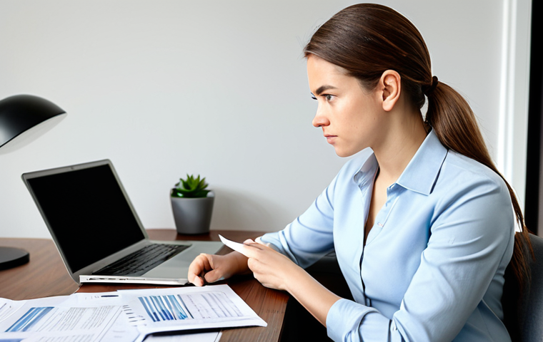 A professional young adult woman in modest business casual attire, seated at a modern desk in a well-lit home office, holding a rental contract and looking at it thoughtfully with a slightly concerned expression. A laptop displaying financial data is visible nearby. The environment is clean and organized, conveying a sense of focused financial review. Professional photography, high resolution, perfect anatomy, correct proportions, natural pose, well-formed hands, proper finger count, natural body proportions, fully clothed, appropriate attire, safe for work, appropriate content, professional.