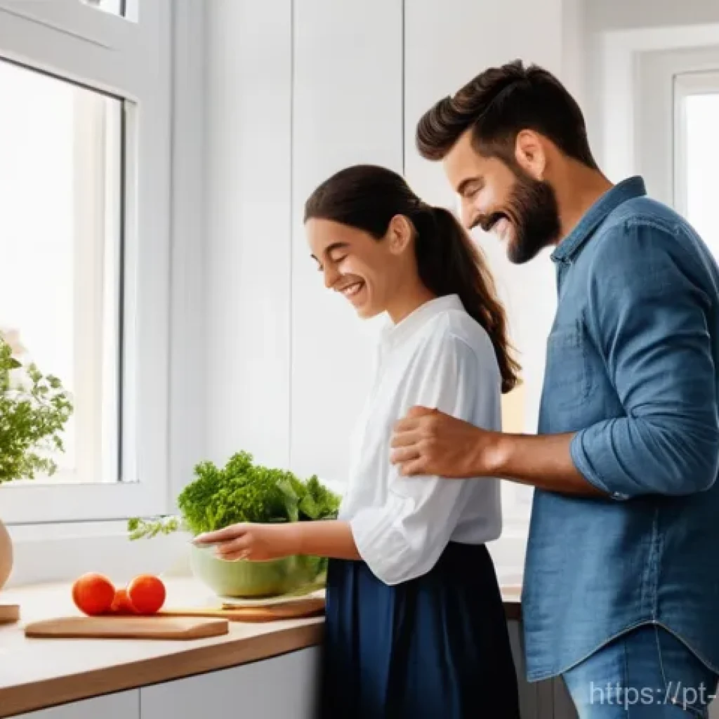 재개발 임대아파트 조건 - A joyful young Portuguese couple, dressed in casual, modern attire, is happily preparing a simple, h...