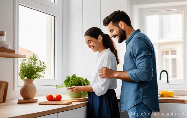 재개발 임대아파트 조건 - A joyful young Portuguese couple, dressed in casual, modern attire, is happily preparing a simple, h...