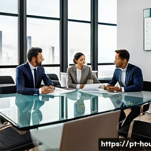 Home 32 신탁등기와 근저당 차이 - A modern Brazilian real estate office scene showing a diverse group of professionals discussing prop...