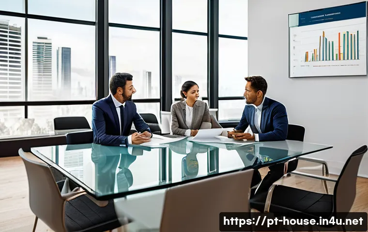 신탁등기와 근저당 차이 - A modern Brazilian real estate office scene showing a diverse group of professionals discussing prop...