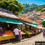 Home 23 지방 소도시 투자 전망 - A vibrant small Brazilian town market scene at midday, showcasing local entrepreneurs setting up sta...